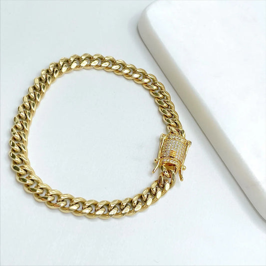 Cuban Link Chain 18" 28" or Bracelet 7" 8" 6mm with Iced Out Box Lock 14k Gold Filled. Bundle and Save. FREE SHIPPING on orders of $100 and over.  Sam's Jewelry World USA.