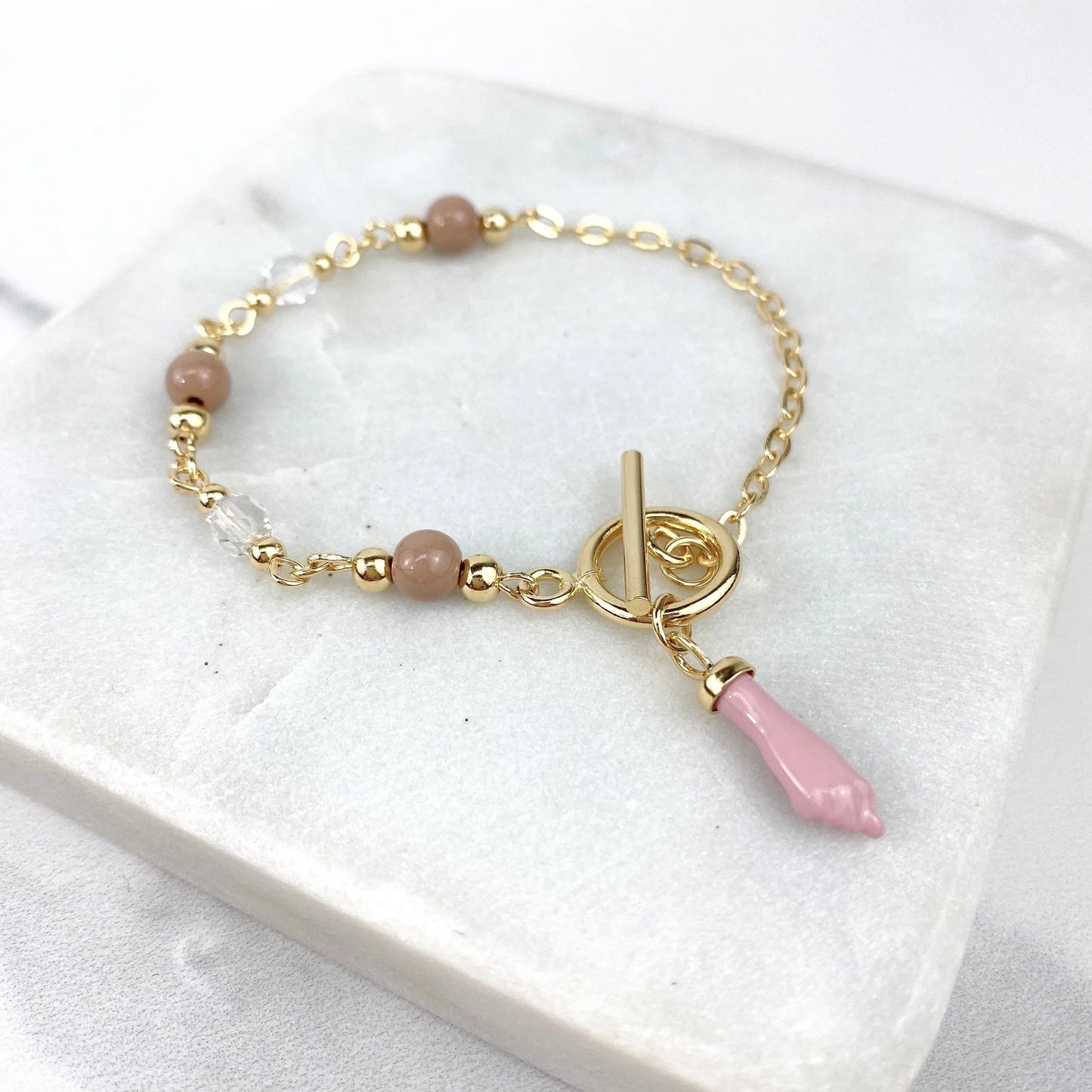 Bracelet Beads with Pink Hand Charm 18k Gold Filled