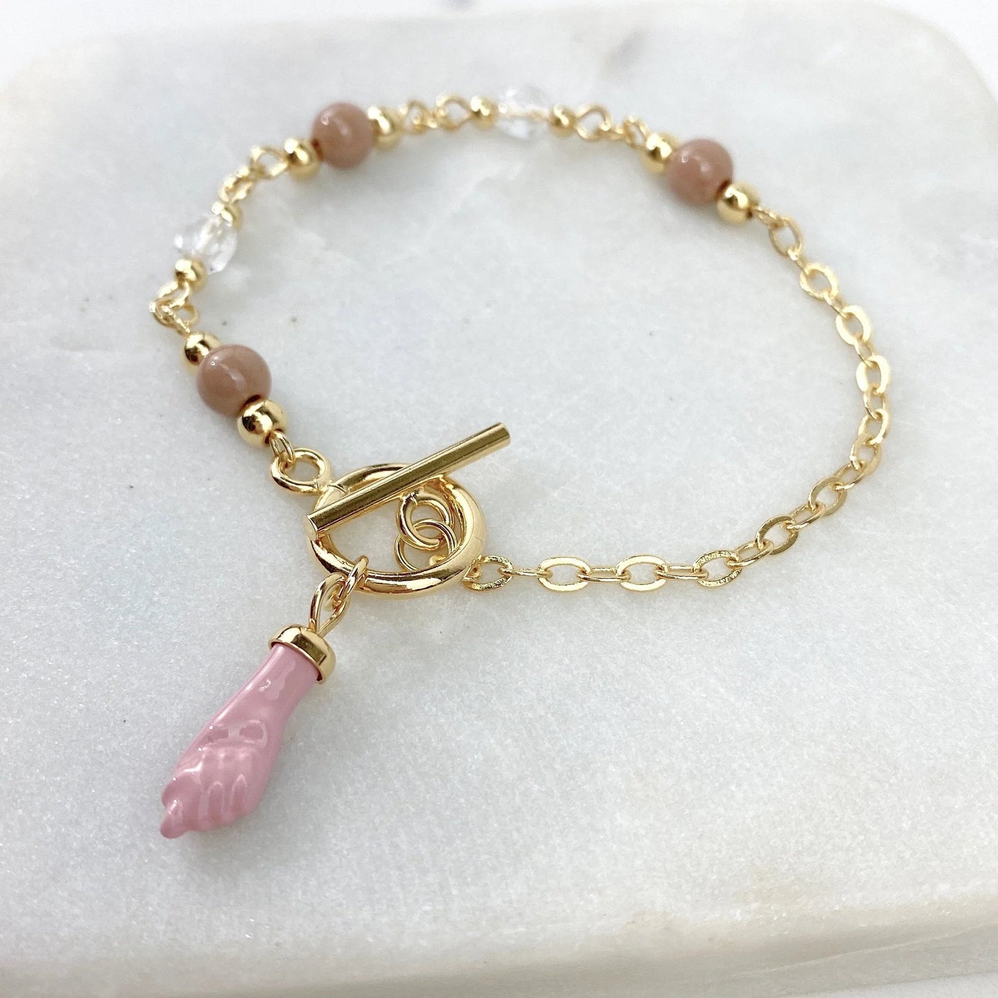 Bracelet Beads with Pink Hand Charm 18k Gold Filled