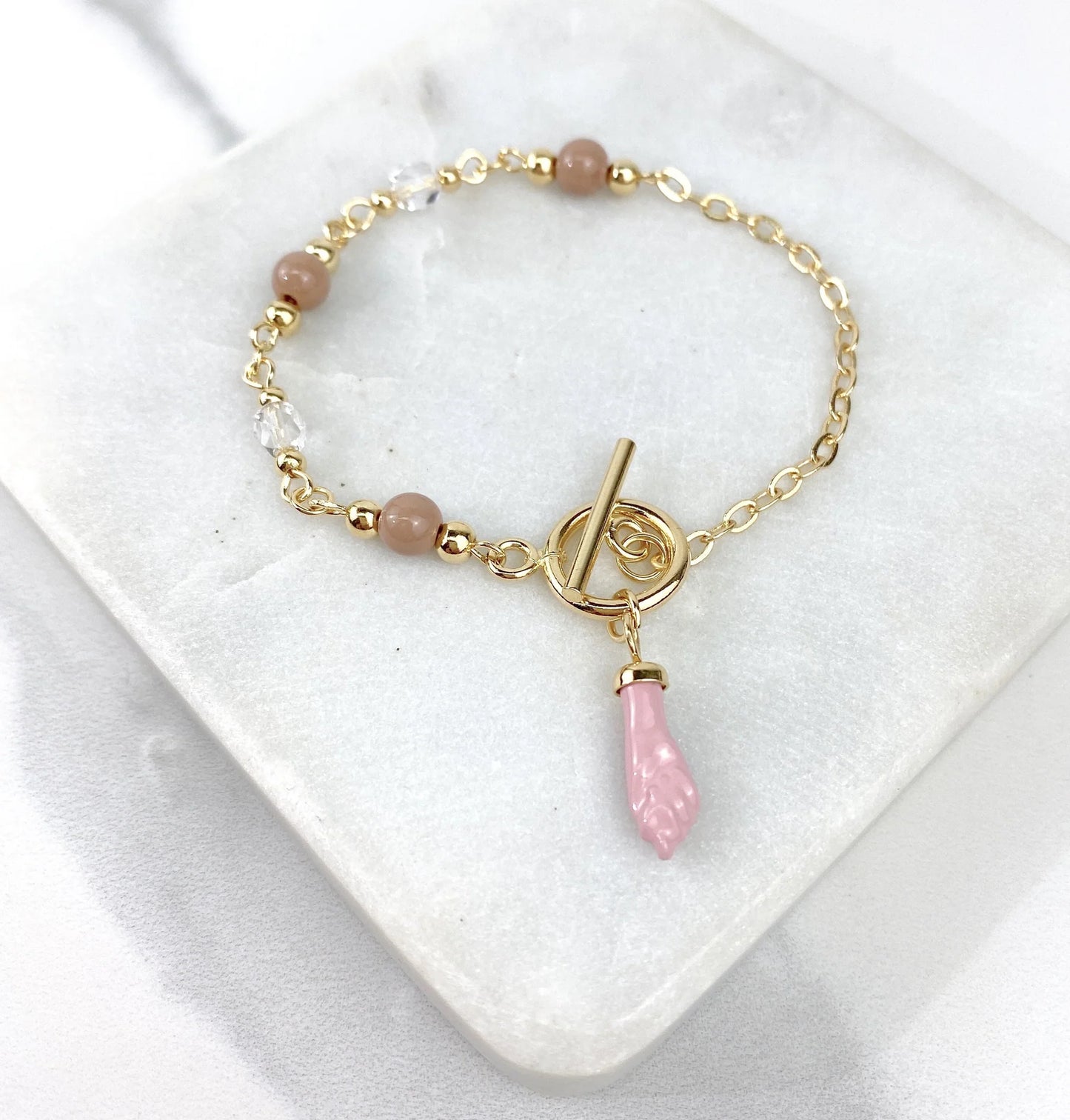 Bracelet Beads with Pink Hand Charm 18k Gold Filled