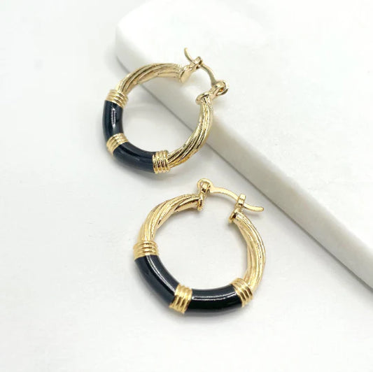 Earrings Hoop with Black Enamel Twisted Hoop 18K Gold Filled