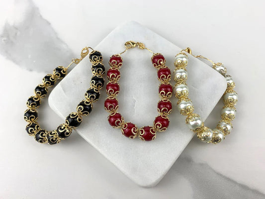 Bracelet Beads Black Beads or Red Beads or Simulated Pearl Beads 18k Gold Filled Trim