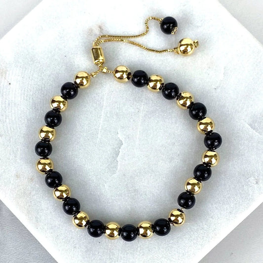 Bracelet Beads Black and Gold Adjustable 18k Gold Filled