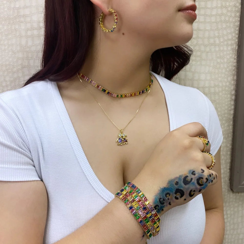 Chain and Pendant Set with Earrings. Box Link or Oval Link, Chain with Kids Pendant in Multi Colored Stones 18k Gold Filled. FREE SHIPPING on orders of $100 and over.  Sam's Jewelry World USA.