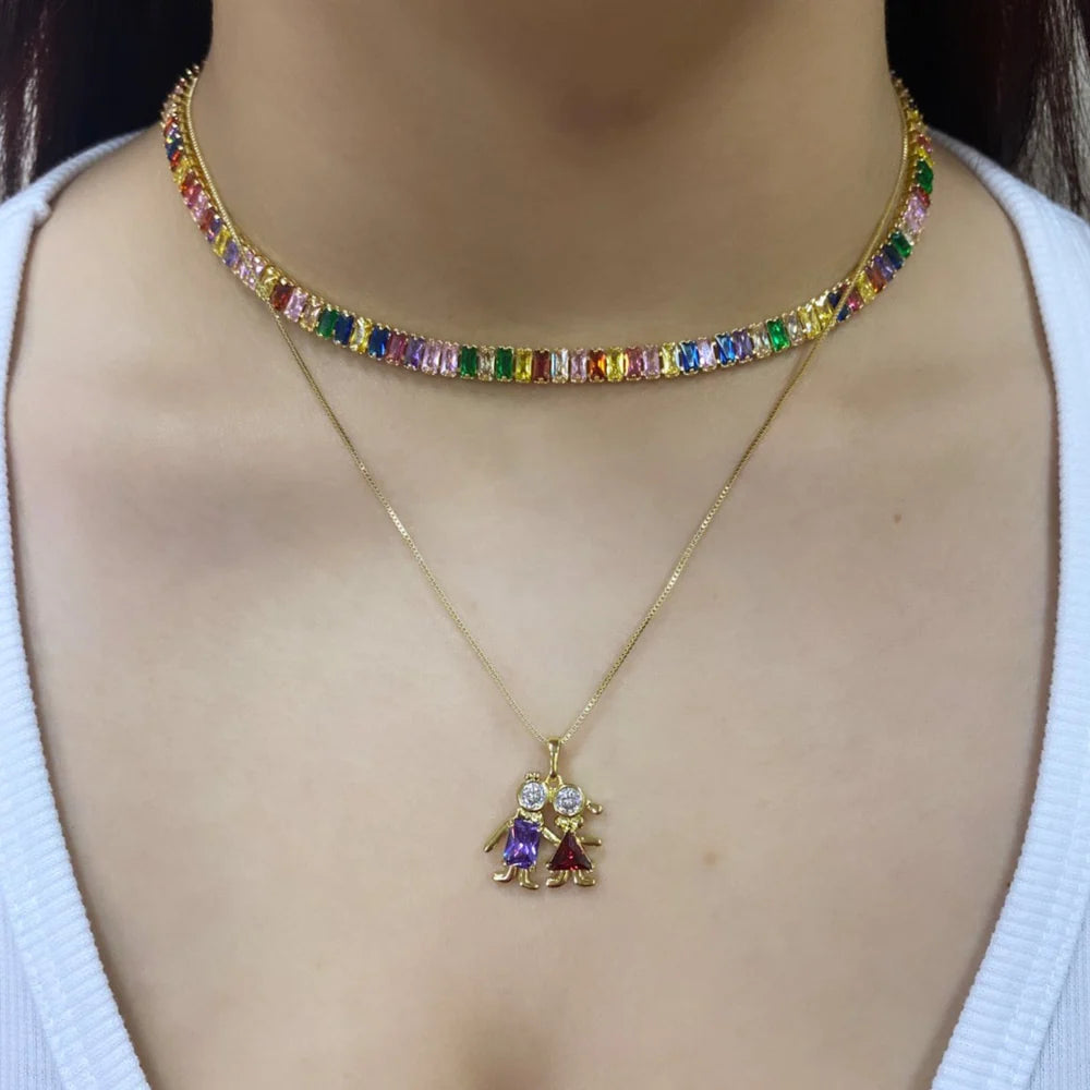 Chain and Pendant Set with Earrings. Box Link or Oval Link, Chain with Kids Pendant in Multi Colored Stones 18k Gold Filled. FREE SHIPPING on orders of $100 and over.  Sam's Jewelry World USA.