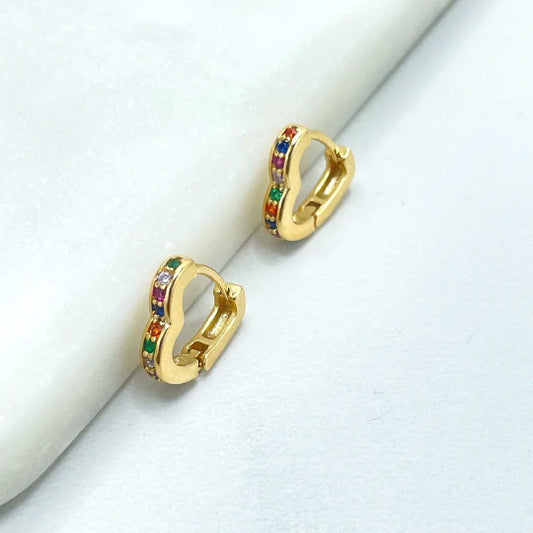 Earrings Colorful Cubic Zirconia Heart Huggie Shape. 18k Gold Filled