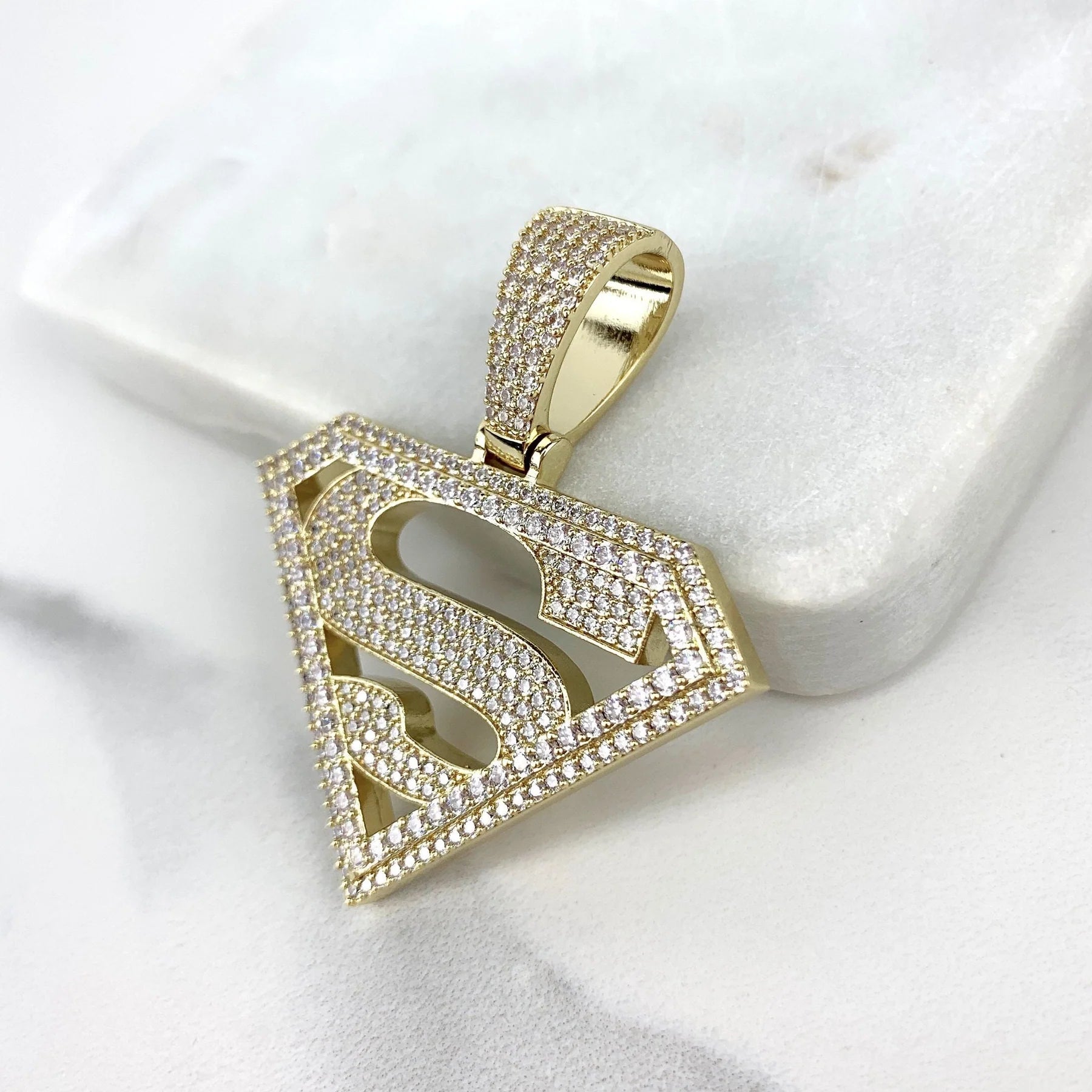 Pendant Stones Iced Out Cubic Zirconia Pave Superman 18k Gold Filled Bundle and Save. FREE SHIPPING on orders of $100 and over.  Sam's Jewelry World USA.