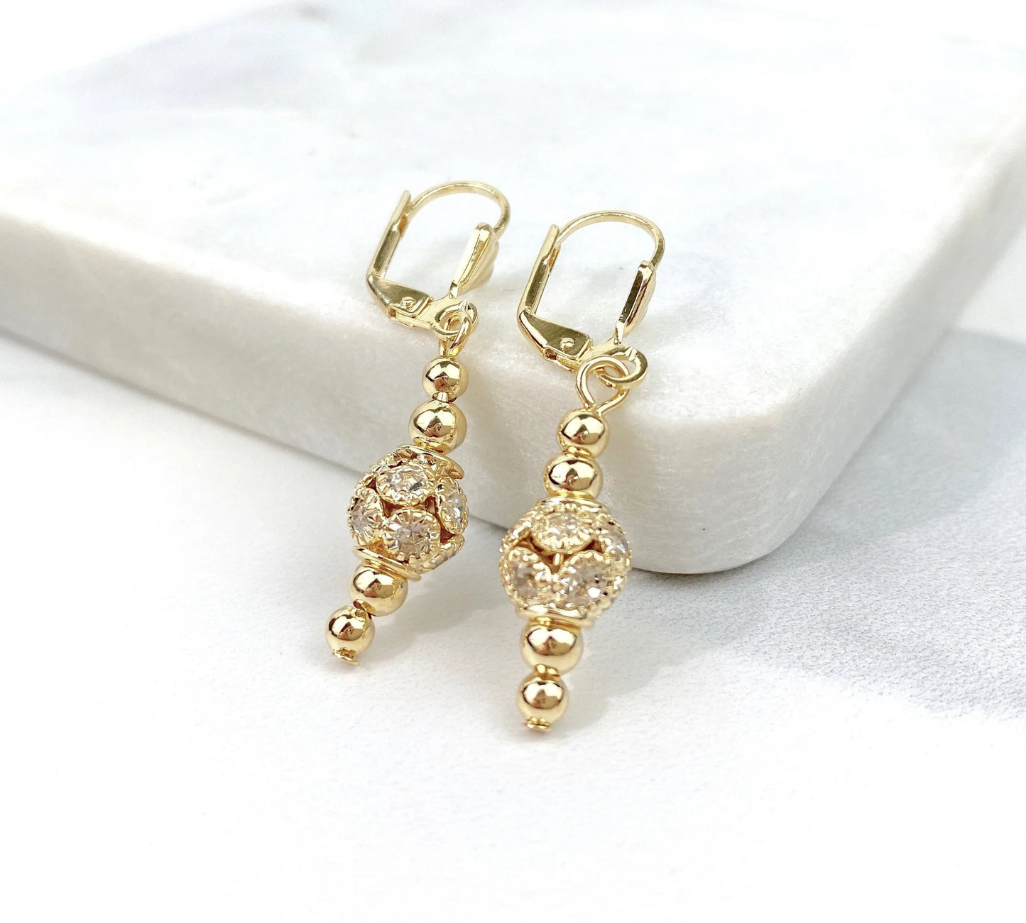 Earrings, Dangle Teardrop  Lever Back Balls 18k Gold Filled