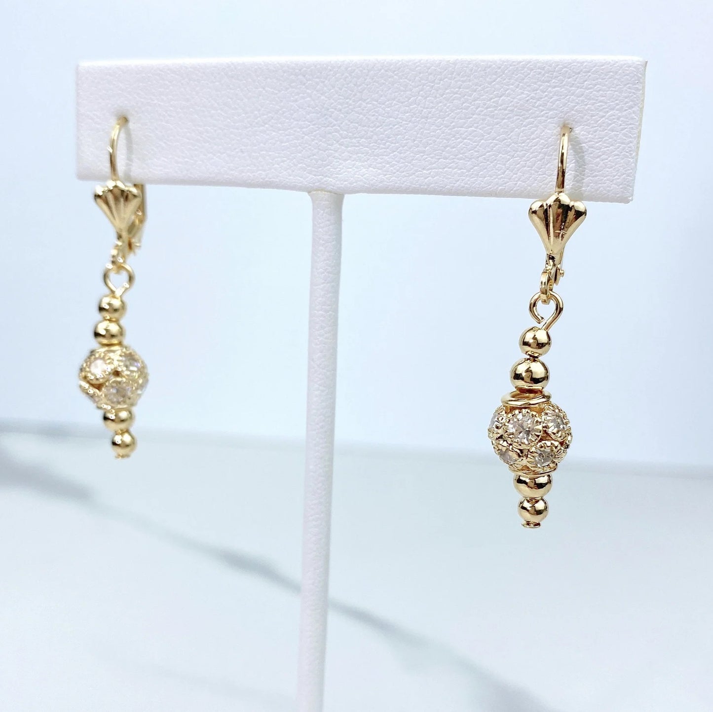 Earrings, Dangle Teardrop  Lever Back Balls 18k Gold Filled