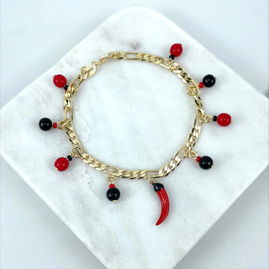 Bracelet Beads Figaro Black & Red Beads Red Chili Charm 18k Gold Filled. Sam's Jewelry World USA.  Bundle and Save. FREE SHIPPING on orders of $100 and over.