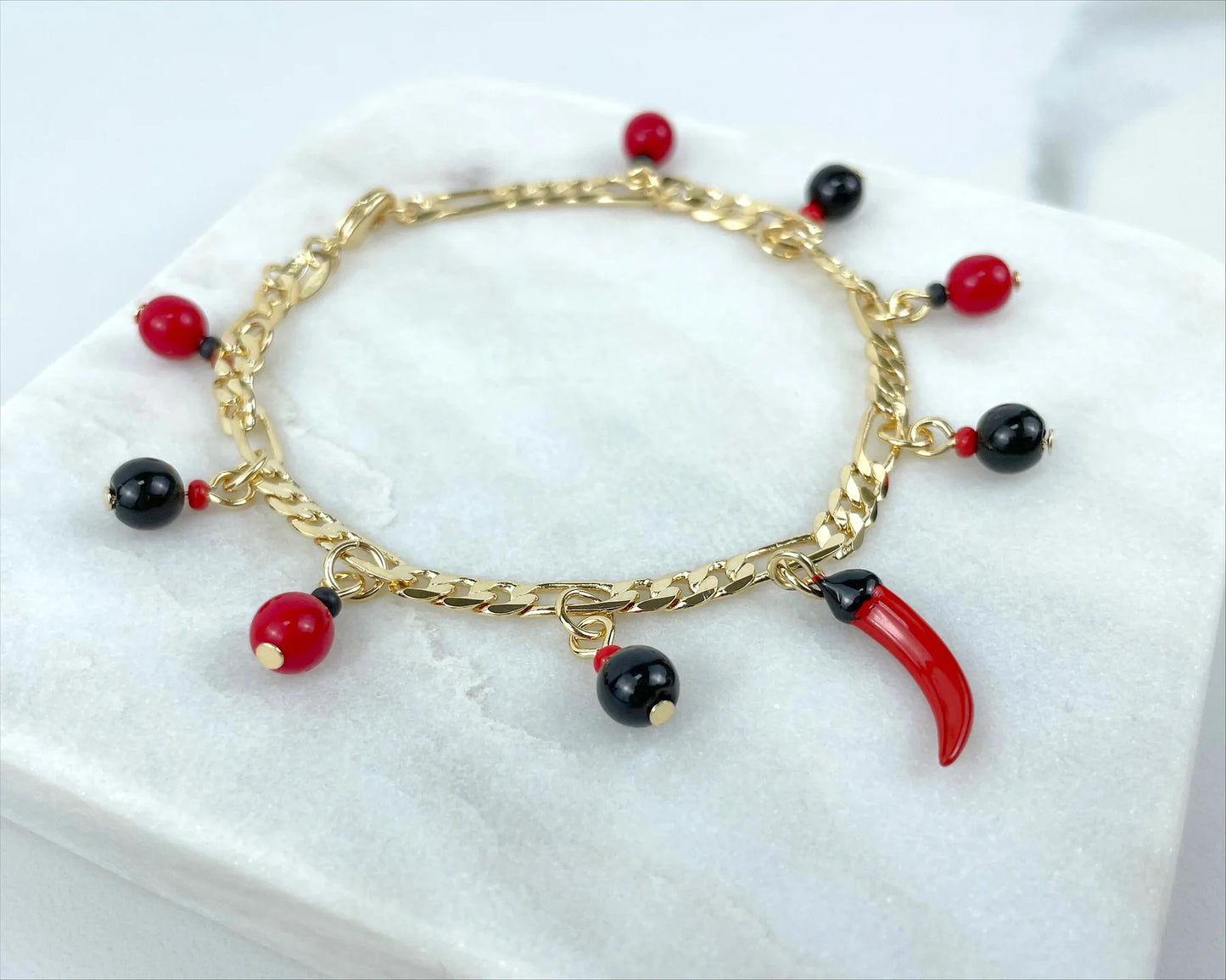 Bracelet Beads Figaro Black & Red Beads Red Chili Charm 18k Gold Filled