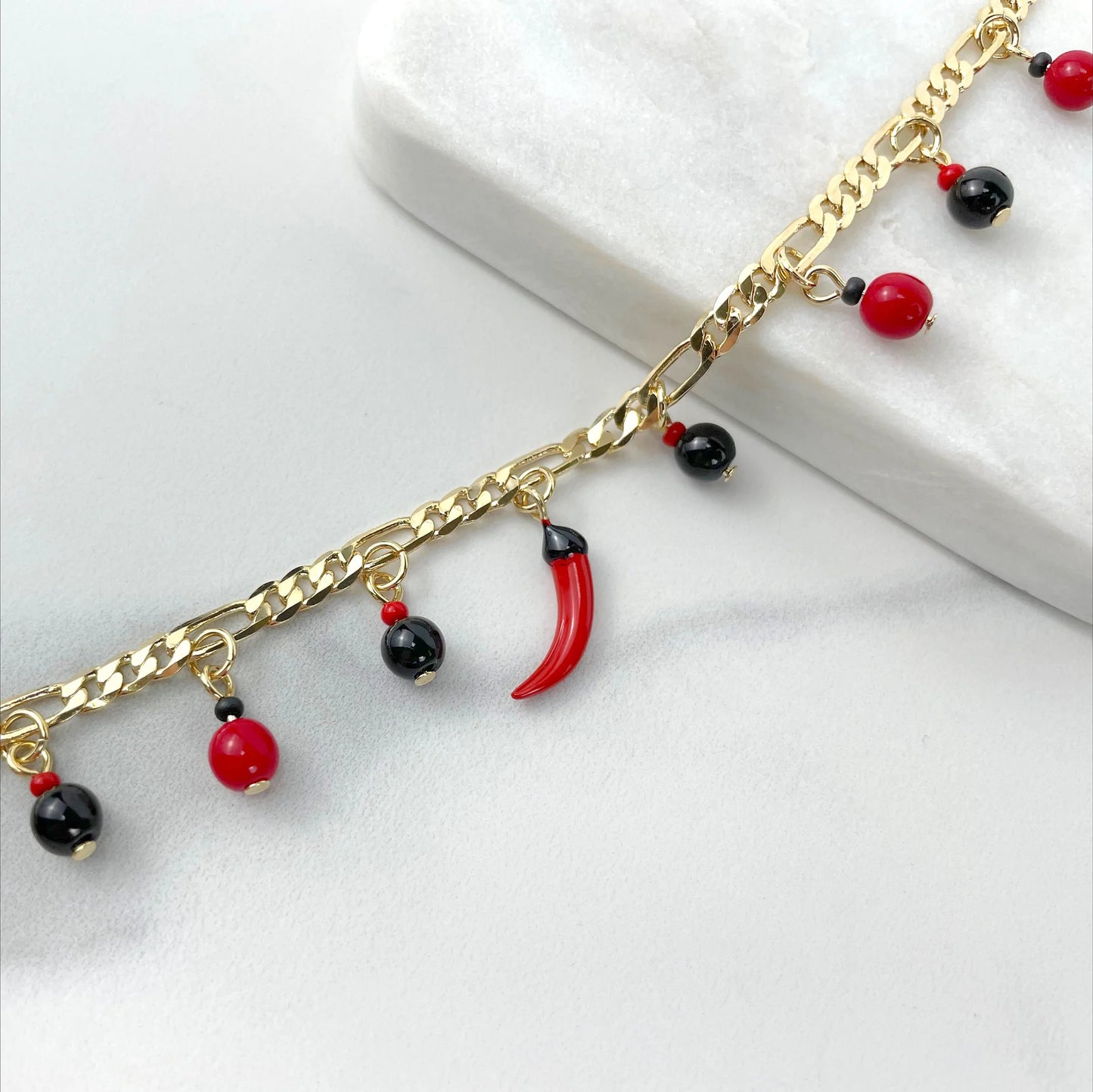 Bracelet Beads Figaro Black & Red Beads Red Chili Charm 18k Gold Filled