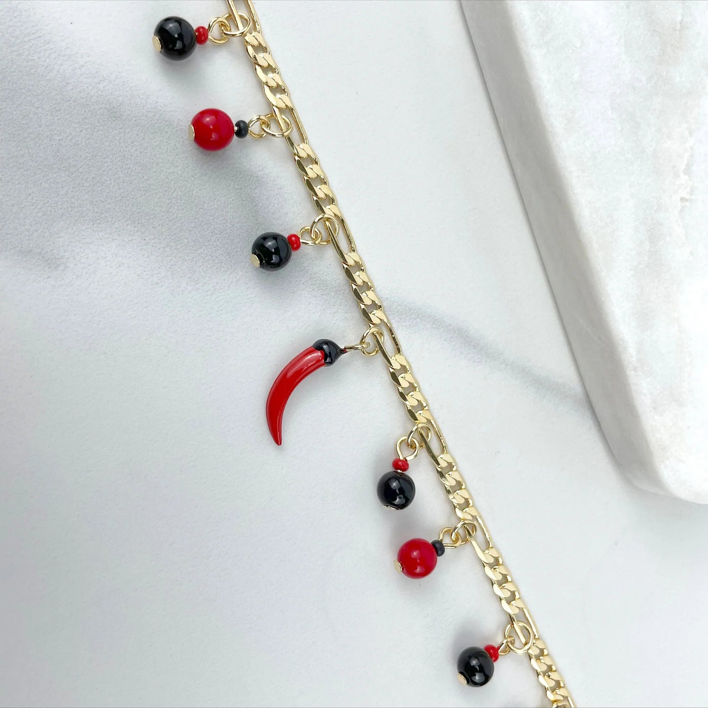 Bracelet Beads Figaro Black & Red Beads Red Chili Charm 18k Gold Filled