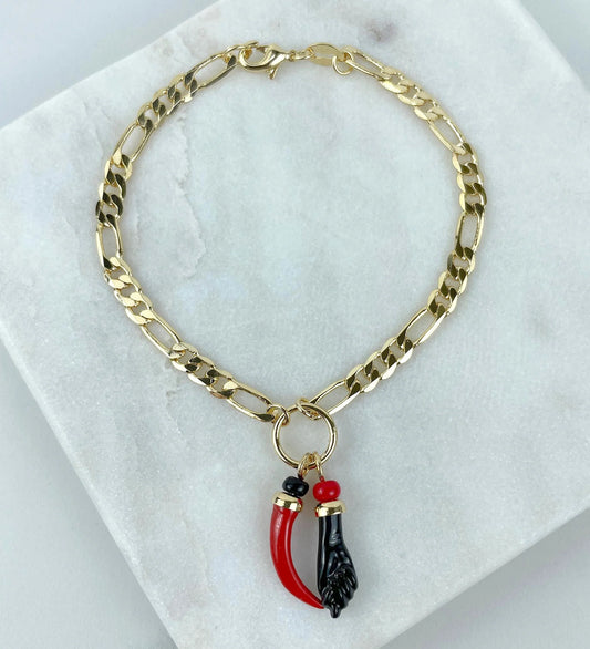 18k Gold Filled 4mm Figaro Link, Hand & Chili Charms Bracelet. Bundle and Save. FREE SHIPPING on orders of $100 and over.  Sam's Jewelry World USA. 