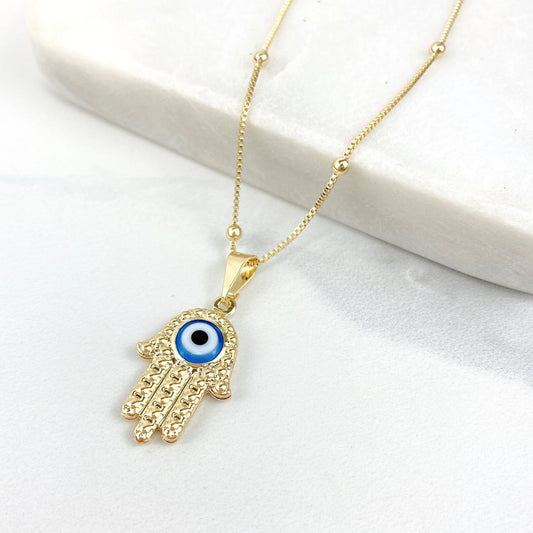 Chain and Pendant Set. Hamsa Blue Eye Pendant with 16" 18" or 20" Satelite Chain 18k Gold Filled. Bundle and Save. FREE SHIPPING on orders of $100 and over.  Sam's Jewelry World USA.