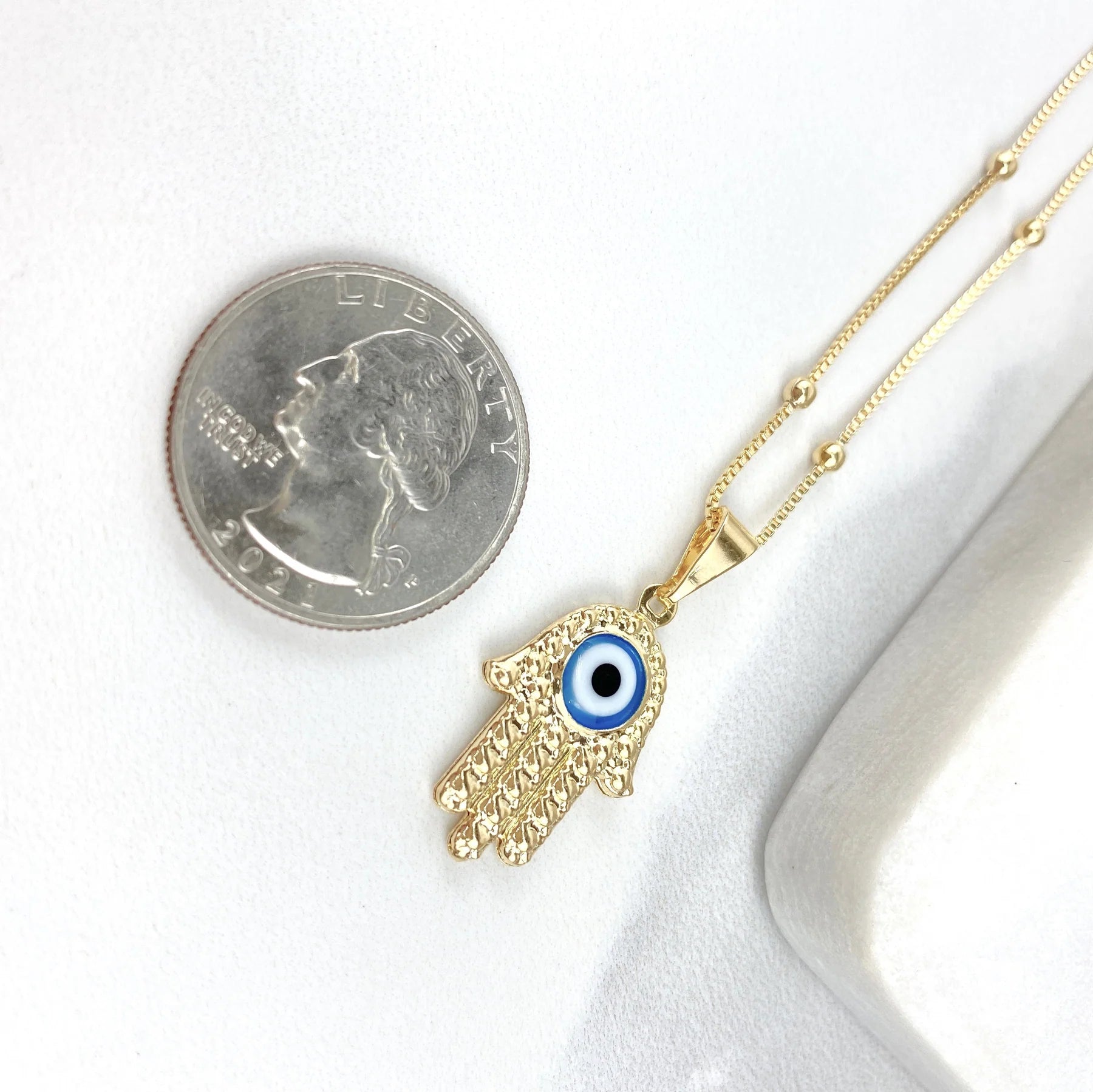 Chain and Pendant Set. Hamsa Blue Eye Pendant with 16" 18" or 20" Satelite Chain 18k Gold Filled. Bundle and Save. FREE SHIPPING on orders of $100 and over.  Sam's Jewelry World USA.