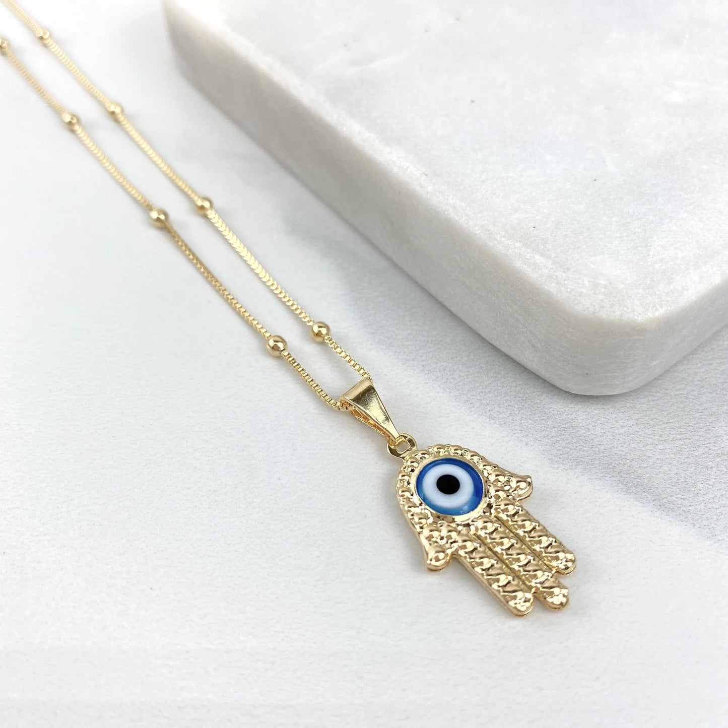 Chain and Pendant Set. Hamsa Blue Eye Pendant with 16" 18" or 20" Satelite Chain 18k Gold Filled. Bundle and Save. FREE SHIPPING on orders of $100 and over.  Sam's Jewelry World USA.