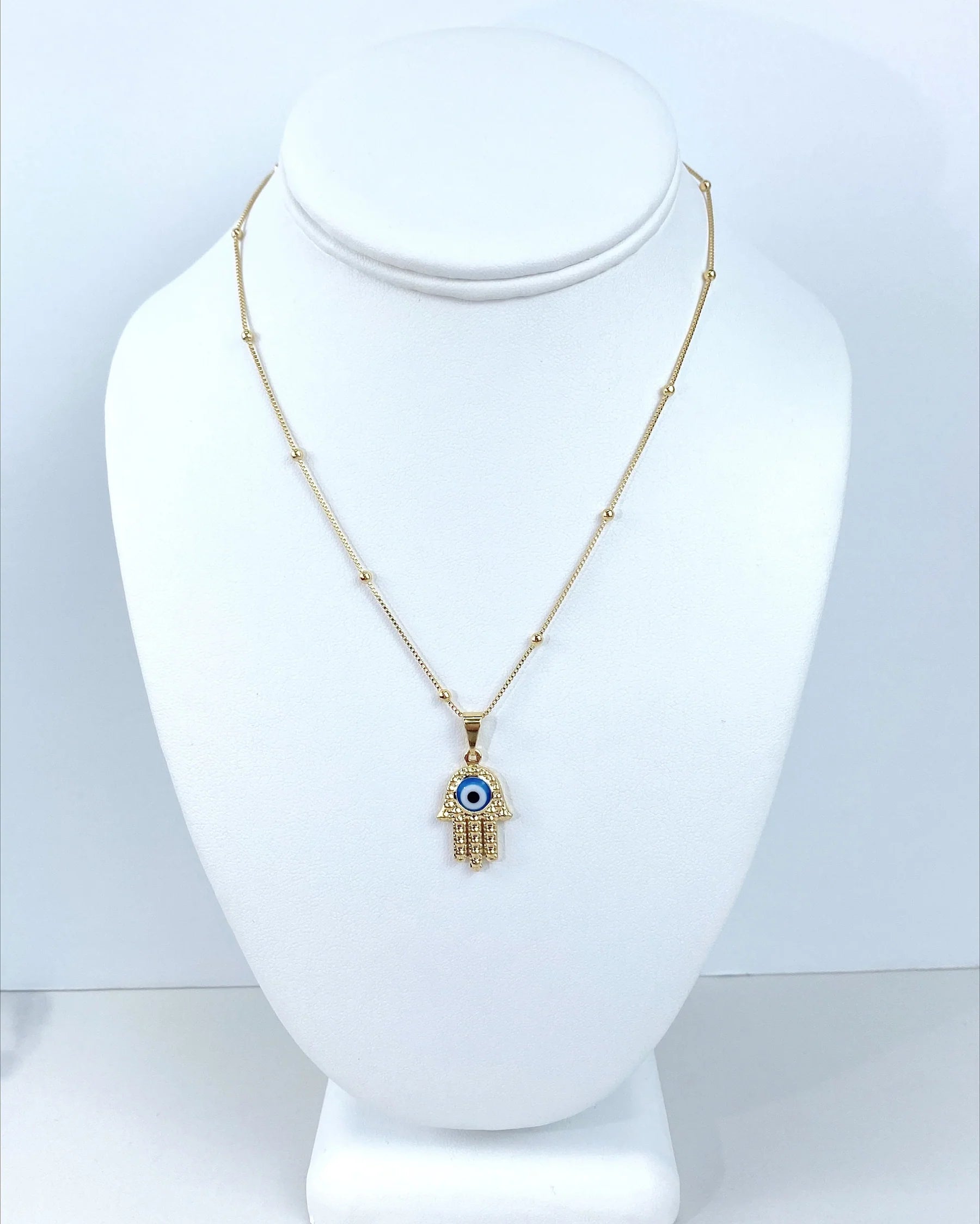 Chain and Pendant Set. Hamsa Blue Eye Pendant with 16" 18" or 20" Satelite Chain 18k Gold Filled. Bundle and Save. FREE SHIPPING on orders of $100 and over.  Sam's Jewelry World USA.