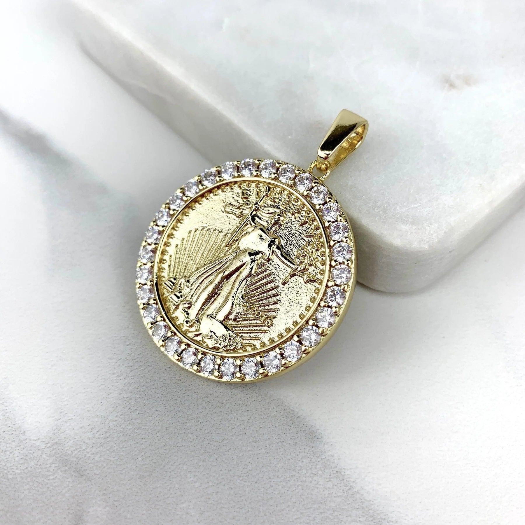 Pendant with Stones Lady Liberty Coin with Cubic Zirconia 18k Gold Filled. Bundle and Save. FREE SHIPPING on orders of $100 and over.  Sam's Jewelry World USA.