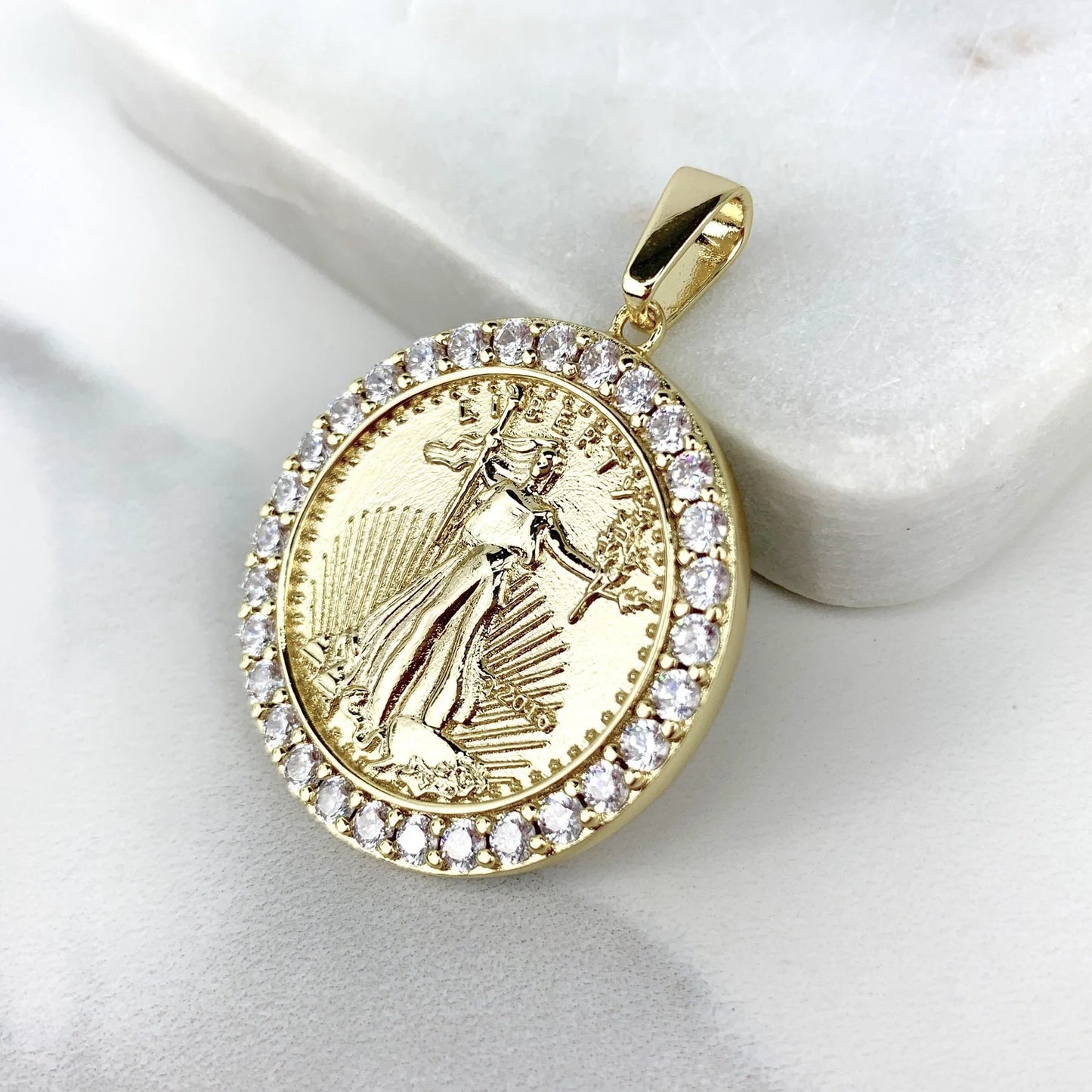 Pendant with Stones Lady Liberty Coin with Cubic Zirconia 18k Gold Filled. Bundle and Save. FREE SHIPPING on orders of $100 and over.  Sam's Jewelry World USA.