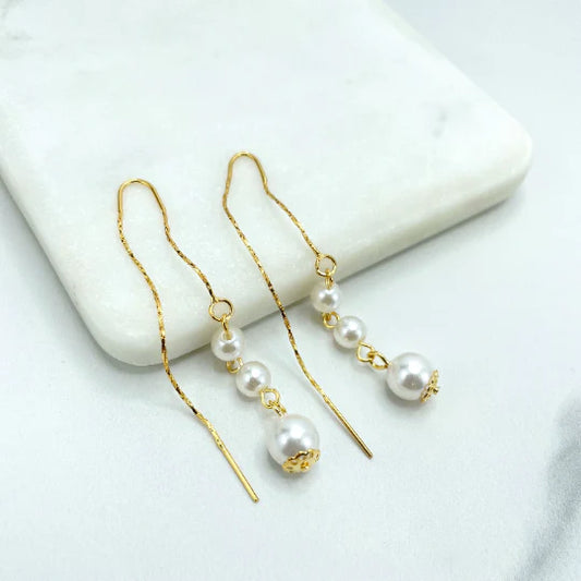 Earrings Large Drop Pearls Threader 18k Gold Filled