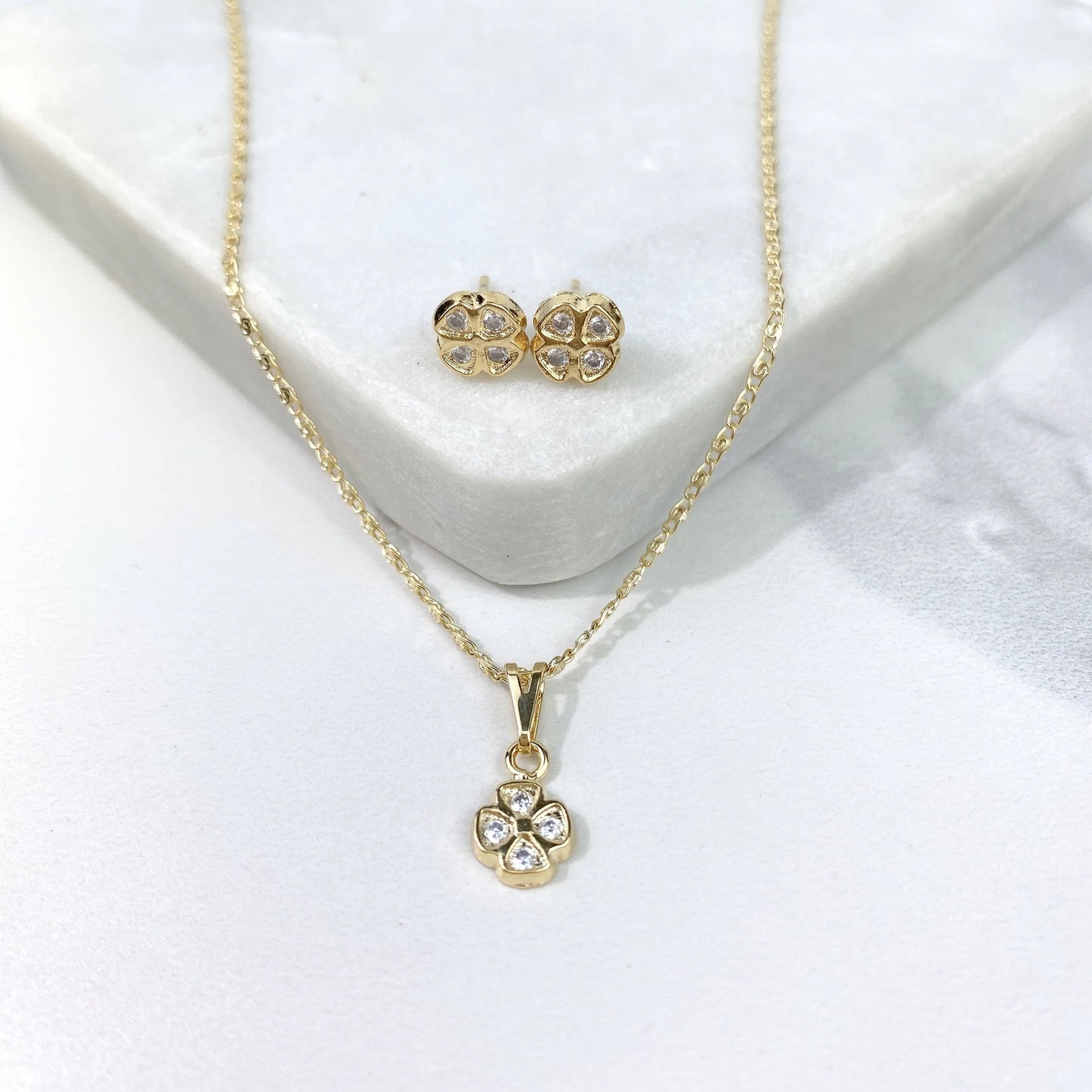 Set Earrings with Necklace CZ Flower Design Charm & Stud 18k Gold Filled