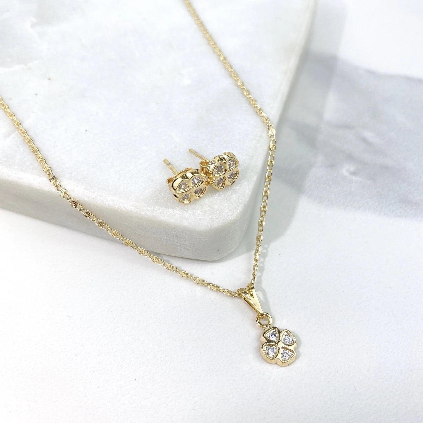 Set Earrings with Necklace CZ Flower Design Charm & Stud 18k Gold Filled