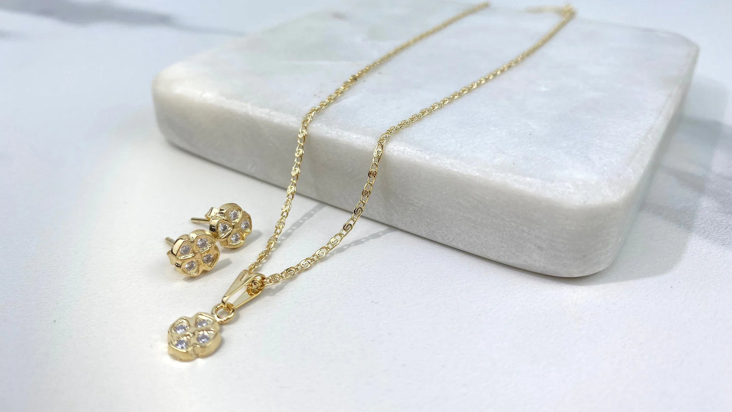 Set Earrings with Necklace CZ Flower Design Charm & Stud 18k Gold Filled