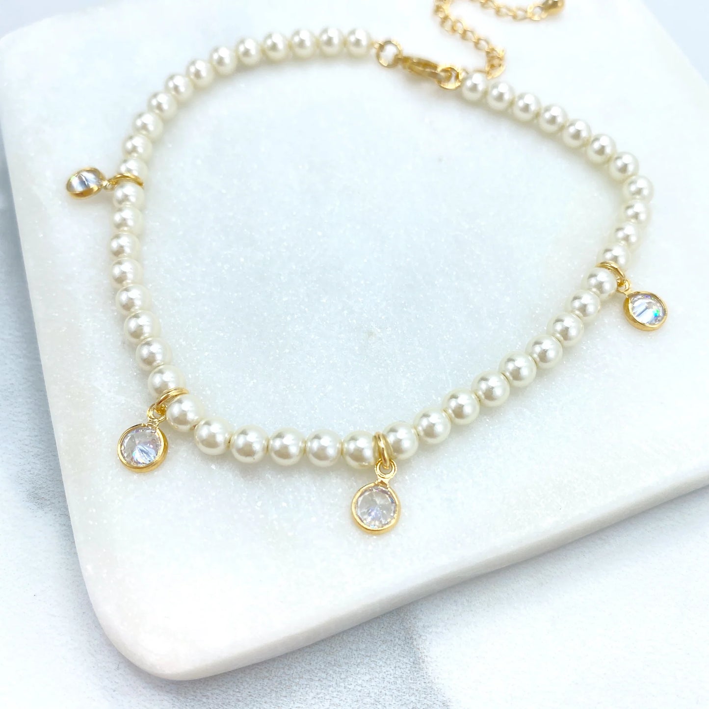 Set Pearls Dangle CZ Charms & Ocean Beach Dangle Charms Double Necklace or Linked Pearls Bracelet 18k Gold Filled