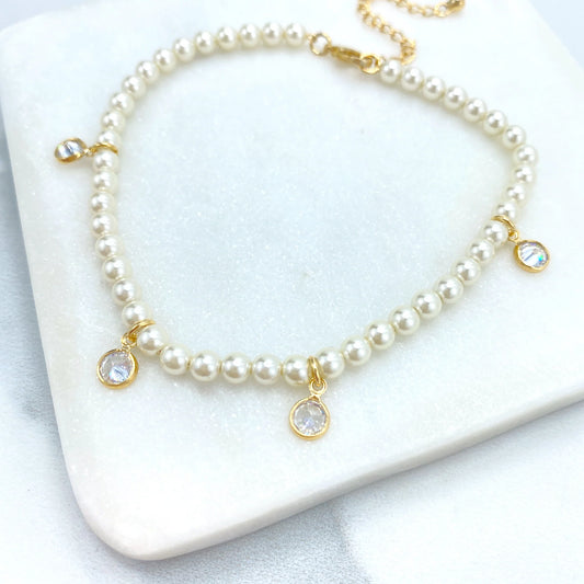 Set Pearls Dangle CZ Charms & Ocean Beach Dangle Charms Double Necklace or Linked Pearls Bracelet 18k Gold Filled