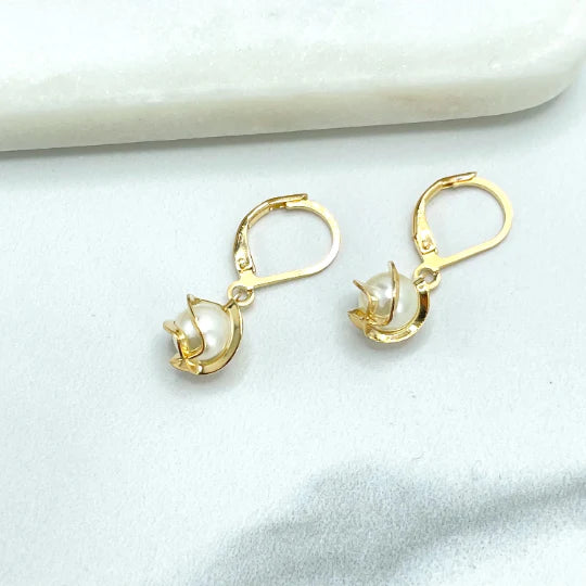 Earrings Pearl with Gold Waves, Hoop Huggie Earrings, Pearl Drop Dangle. 18k Gold Filled