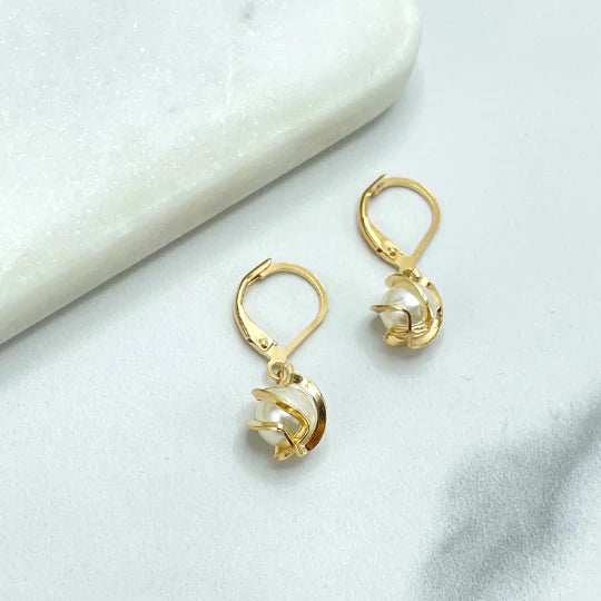 Earrings Pearl with Gold Waves, Hoop Huggie Earrings, Pearl Drop Dangle. 18k Gold Filled