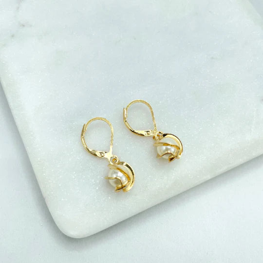 Earrings Pearl with Gold Waves, Hoop Huggie Earrings, Pearl Drop Dangle. 18k Gold Filled