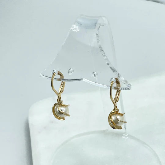 Earrings Pearl with Gold Waves, Hoop Huggie Earrings, Pearl Drop Dangle. 18k Gold Filled