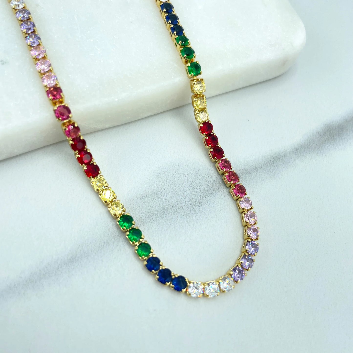 Necklace Rainbow Tennis Cubic Zirconia Choker with Extender 18k Gold Filled