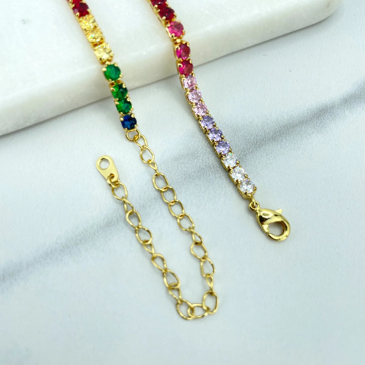 Necklace Rainbow Tennis Cubic Zirconia Choker with Extender 18k Gold Filled