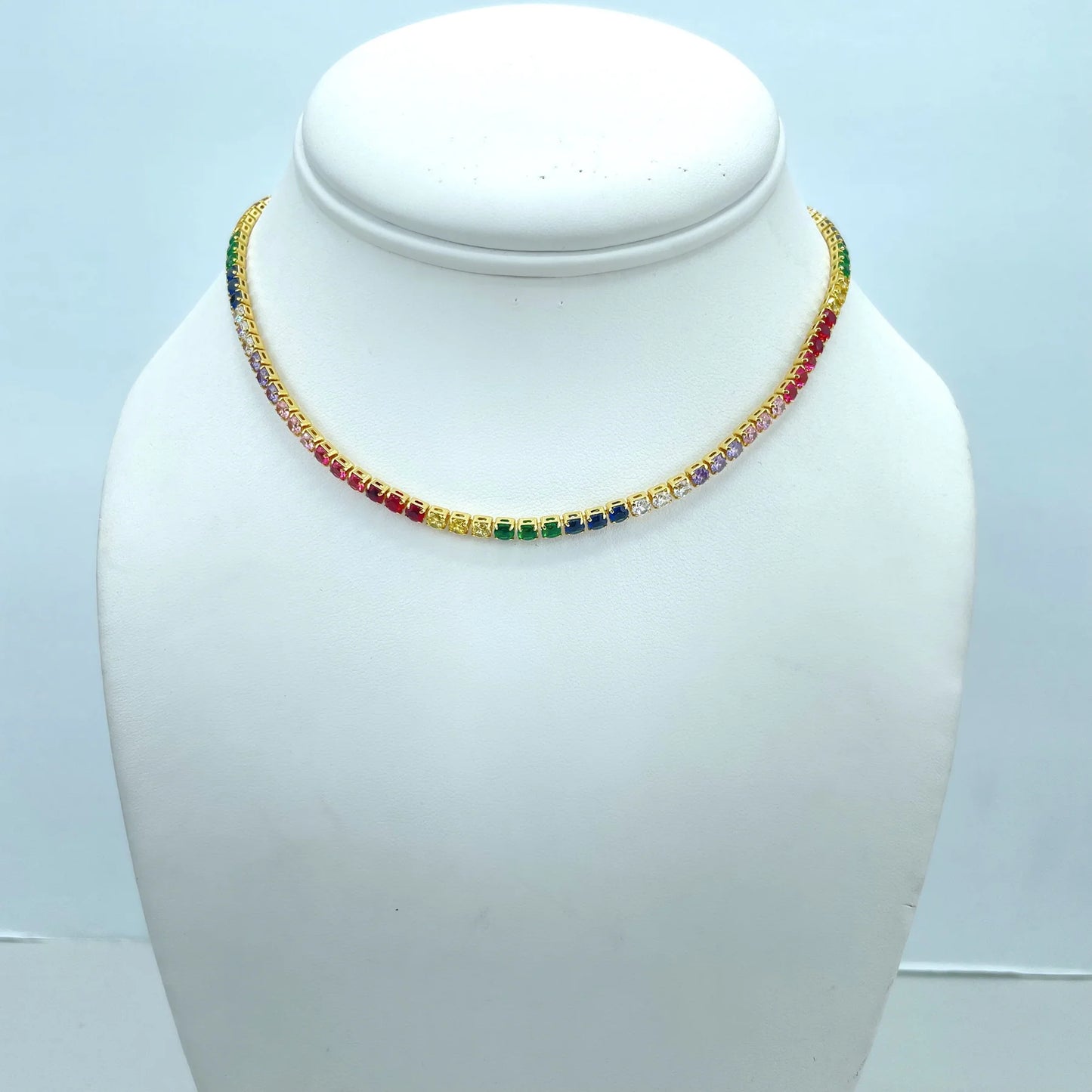 Necklace Rainbow Tennis Cubic Zirconia Choker with Extender 18k Gold Filled