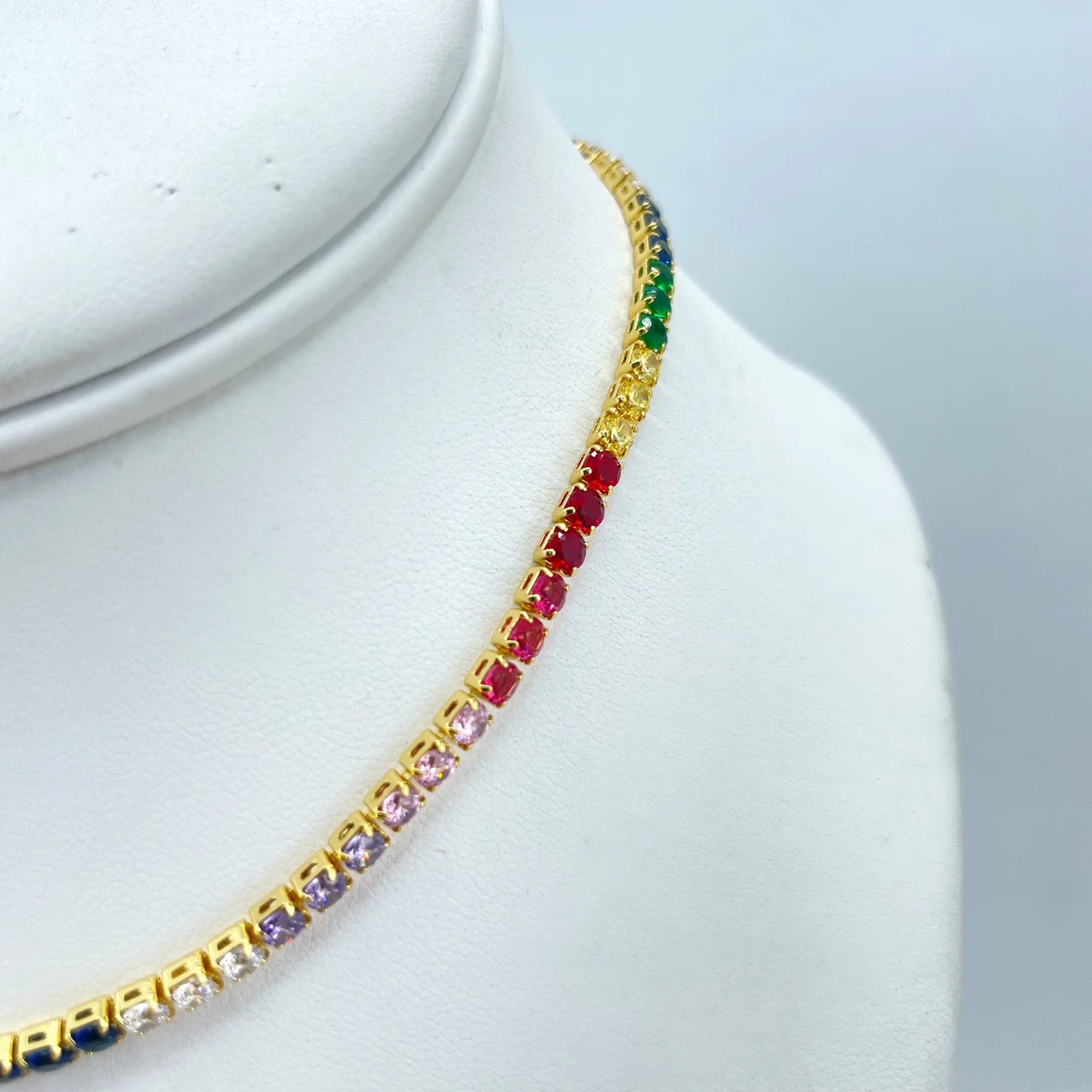 Necklace Rainbow Tennis Cubic Zirconia Choker with Extender 18k Gold Filled