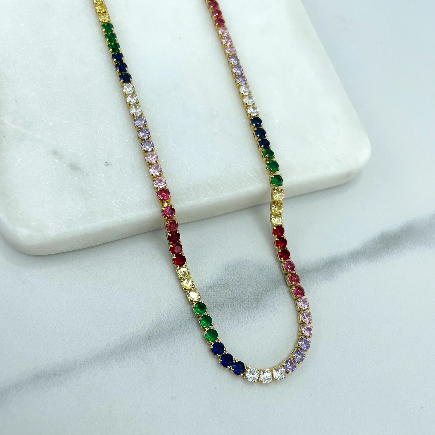 Necklace Rainbow Tennis Cubic Zirconia Choker with Extender 18k Gold Filled