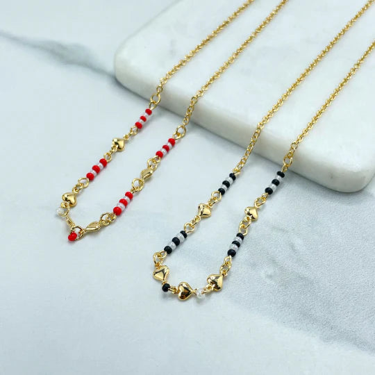 Necklace  Rolo Chain Beaded with Enamel Red or Blue & Hearts Charms 18k Gold Filled. Bundle and Save. FREE SHIPPING on orders of $100 and over.  Sam's Jewelry World USA.