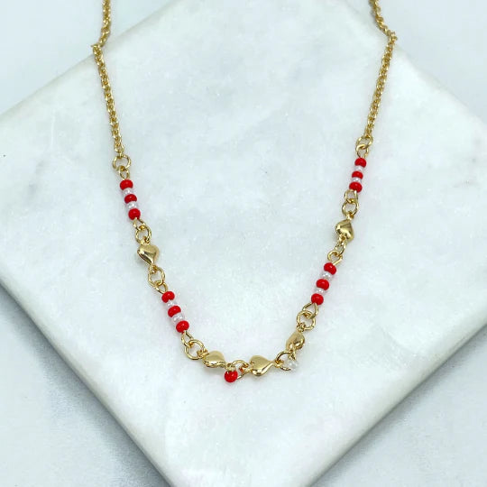 Necklace  Rolo Chain Beaded with Enamel Red or Blue & Hearts Charms 18k Gold Filled. Bundle and Save. FREE SHIPPING on orders of $100 and over.  Sam's Jewelry World USA.