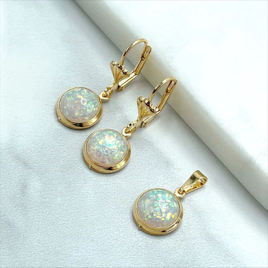 Set Round Cut Fire Opal, Creole Drop Earrings and Pendant. 18k Gold Filled