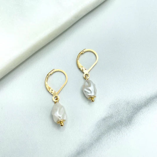 Earrings Simulated Baroque Freshwater Pearl, Hoop Huggie, Pearl Drop Dangle. 18k Gold Filled