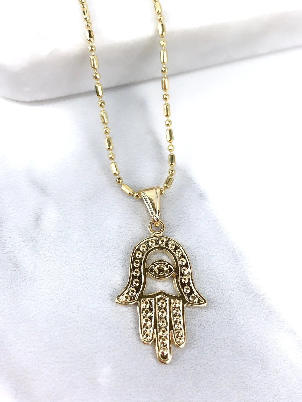 Chain and Pendant Set. Texturized Hamsa Hand with choice of Chain 18k Gold Filled.  Bundle and Save. FREE SHIPPING on orders of $100 and over.  Sam's Jewelry World USA.