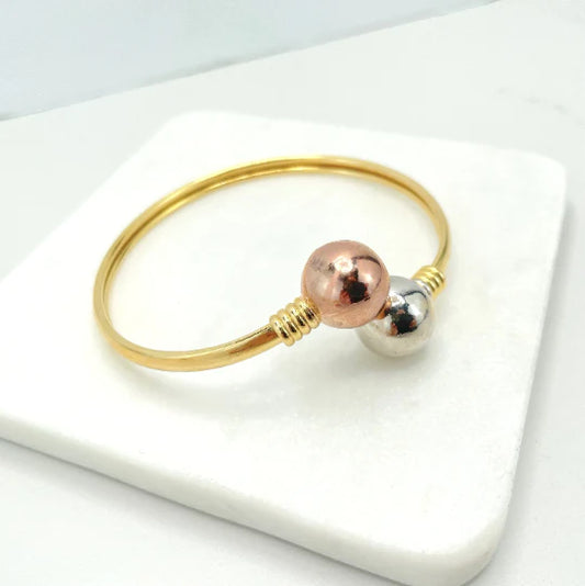 Bangle Yellow Gold White Gold Rose Gold Wrist Cuff with Two Toned Balls 18k Gold Filled