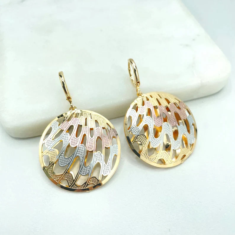 Earrings Yellow Gold, Silver, Rose Gold Cutout Waves Circle Shape 18k Gold Filled