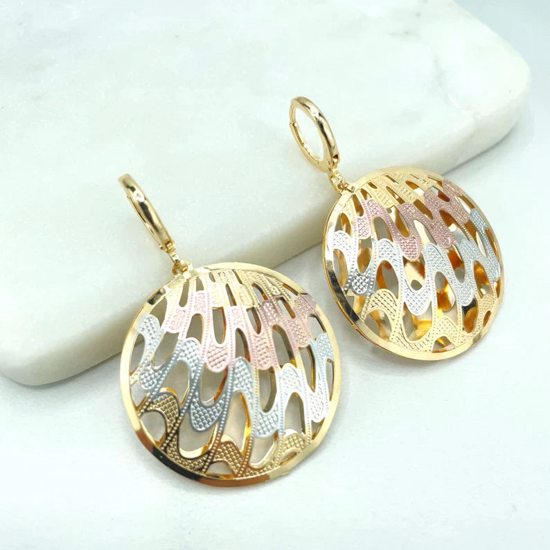 Earrings Yellow Gold, Silver, Rose Gold Cutout Waves Circle Shape 18k Gold Filled