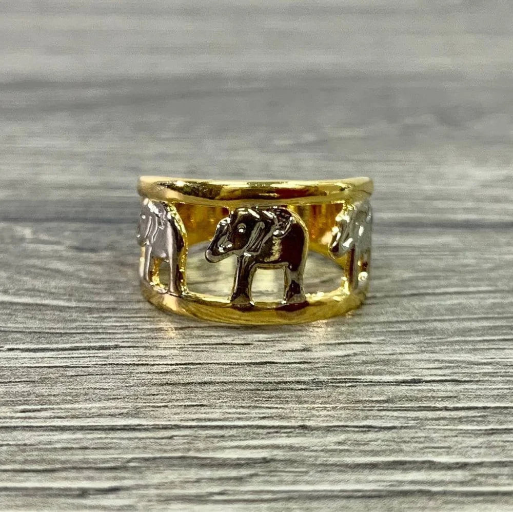 Ring Three Tones or Silver Filled Cutout Elephant 18k Gold Filled