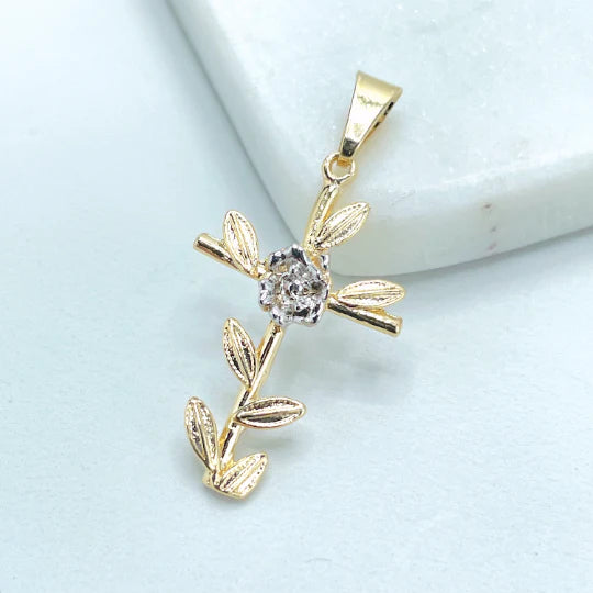 Chain and Pendant Set. Two Tone Cross Yellow Gold Rose Gold with Flower 18k Gold Filled. Bundle and Save. FREE SHIPPING on orders of $100 and over.  Sam's Jewelry World USA.