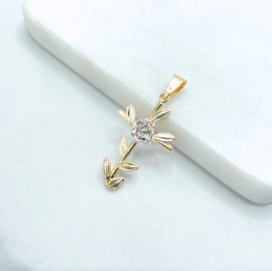 Chain and Pendant Set. Two Tone Cross Yellow Gold Rose Gold with Flower 18k Gold Filled. Bundle and Save. FREE SHIPPING on orders of $100 and over.  Sam's Jewelry World USA.